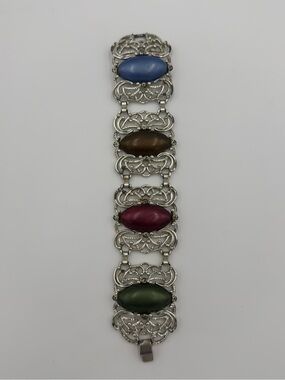 Sarah Coventry Multicolor Cabochon Silver-Tone Filigree Bracelet